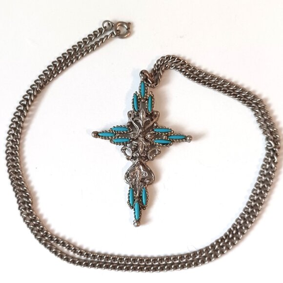 Vintage 1970s Faux Turquoise Filigree Cross Necklace Signed Roma - Picture 2 of 7